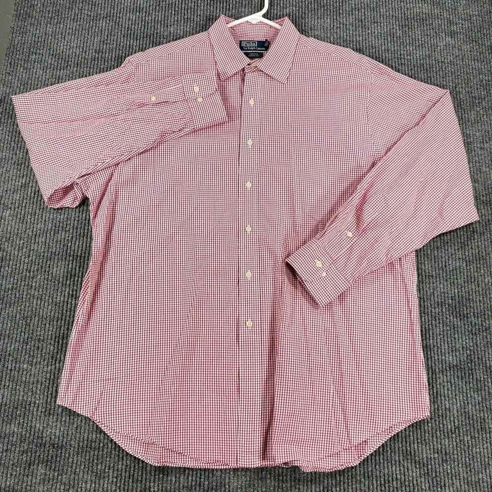Polo Ralph Lauren Shirt Mens 17.5 Red Check Long Sleeve Button Up Curham Classic